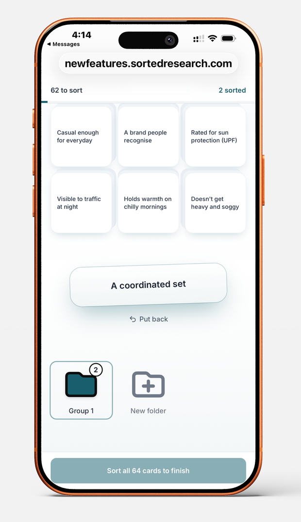 The mobile card sort screen on a phone